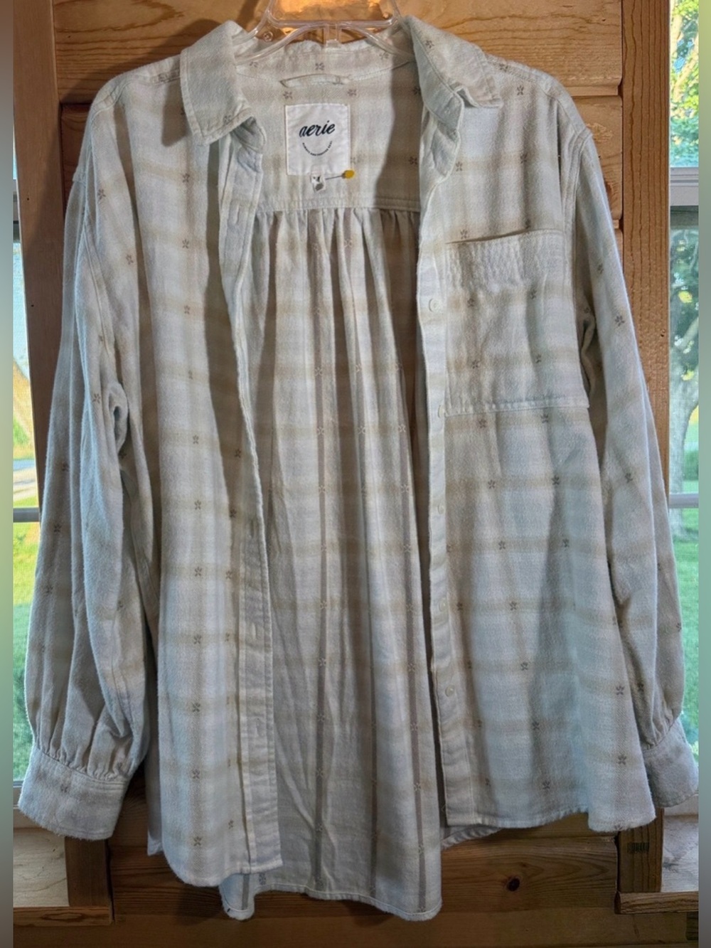 aerie oatmeal and Cream Plaid Button-Up Flannel Shirt Medium